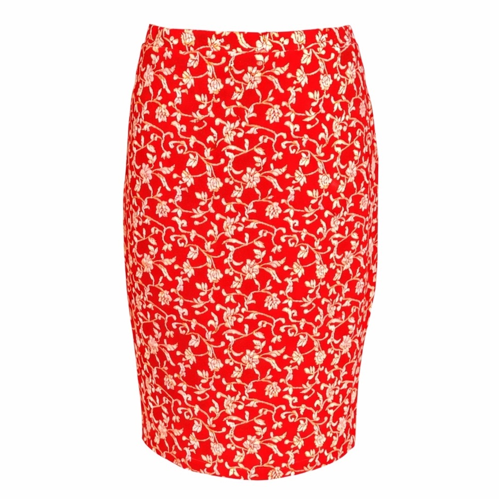 Bobou Red Floral Pencil Skirt Made in USA Textured Stretch Skirt Size M